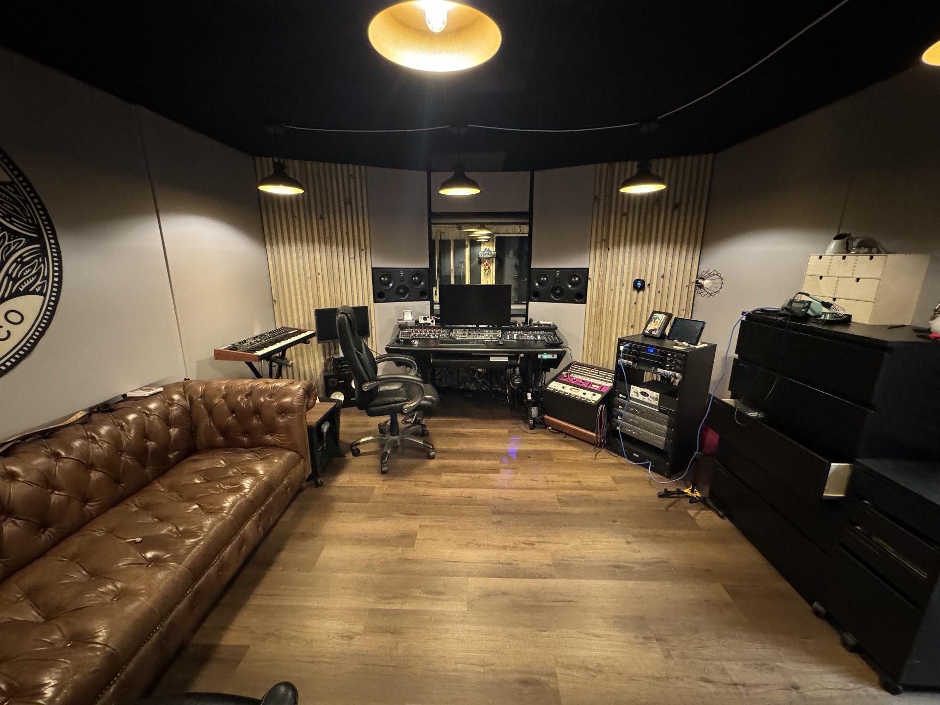 Long Road Recording control room with ATC monitors and outboard gear